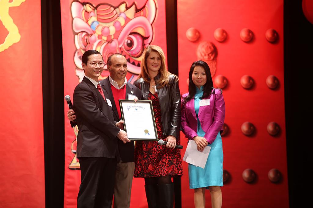 Freeholder Director Thomas A. Arnone and Freeholder Deputy Director Serena DiMaso present a proclamation to the Jersey Shore Chinese School declaring 2016 as the Year of the Monkey in Monmouth County on Feb. 6, 2016 in Holmdel, NJ. Pictured left to right: Principal Yunghui Lai, Freeholder Director Thomas A. Arnone, Freeholder Deputy Director Serena DiMaso and Lin Lombardi, Director of Curriculum-Culture.